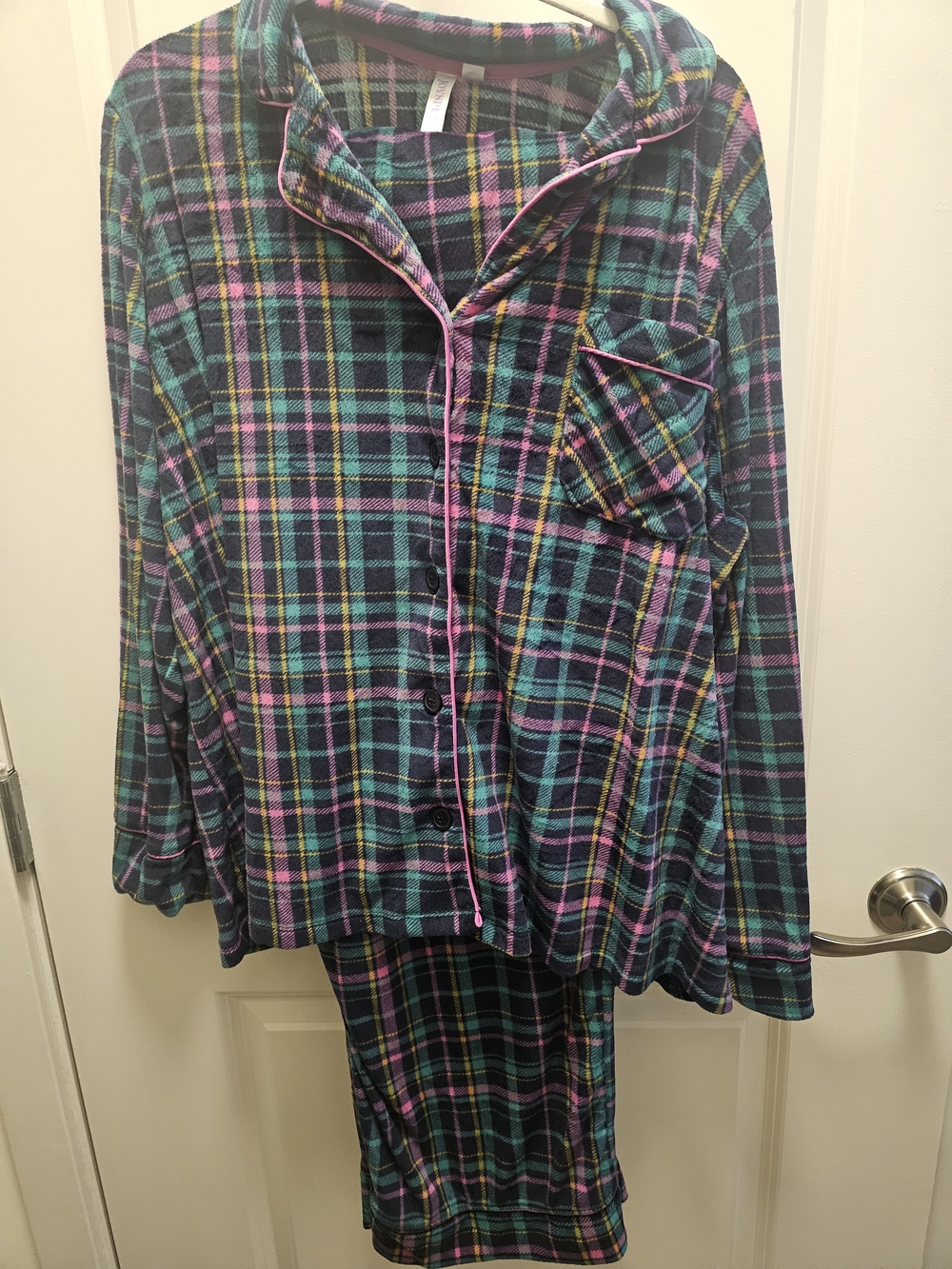 Women's Plaid Flannel Pajama Set - Teal, Pink & Yellow